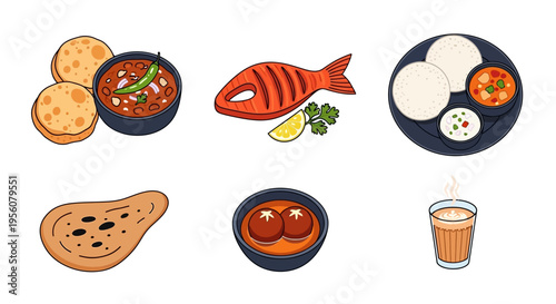 Delicious Indian food dishes including fish, naan, and idli with chutney.