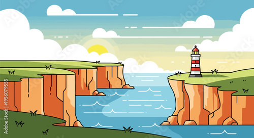 Vibrant coastal scene featuring a picturesque striped lighthouse standing tall, guiding vessels through serene waters under a pastel sky at dawn.