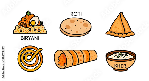 Delicious Indian food dishes including biryani, roti, samosa, and kheer in a vector illustration.