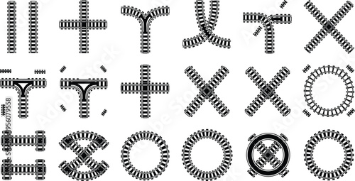 Railway Track Junction and Intersection Silhouette Set with Crossings Curves Circular Rails and Switch Designs for Transport Infrastructure Vector Collection