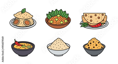 Delicious and colorful Indian food dishes in a flat vector illustration.