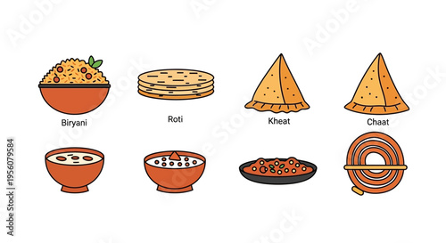 Delicious Indian food dishes including biryani, roti, samosa, and chaat, illustrated in a colorful vector.