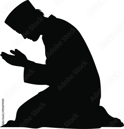 Muslim man praying silhouette vector illustration of a person kneeling in prayer for Islamic religious festival and spiritual design.