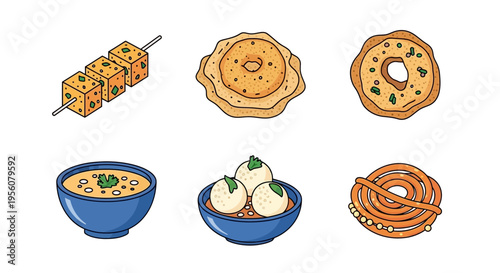 Delicious Indian food dishes with paneer, soup, and snacks on white background.