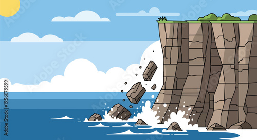 Illustrated dynamic coastal erosion scene, with large rocks cascading from a rugged cliff into the crashing ocean, creating powerful splashes under
