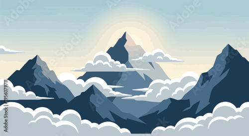 Majestic peaks pierce the tranquil sky, enveloped by soft, ethereal clouds at dawn