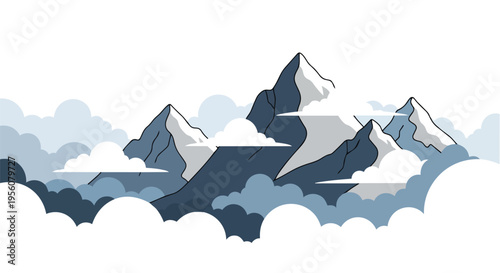 Majestic snow-capped peaks emerge from an ethereal sea of soft, layered clouds, a clean minimalist flat design vector illustration, evoking tranquil