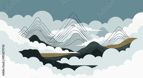 Serene vista of layered peaks embraced by soft, ethereal cloud formations stretching across a peaceful horizon