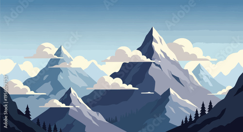 Majestic peaks rise into a clear sky, surrounded by soft, flowing clouds. A tranquil alpine landscape rendered in a serene stylized palette of blues