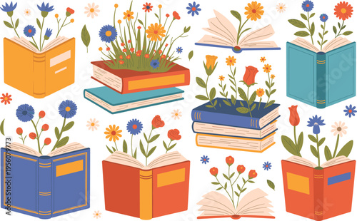 Vintage hand drawn vector illustration set of colorful open books with blooming wild flowers growing from pages for education.