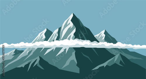 Minimalist Mountainous Vista with Cloud Layer and Pristine Water Reflection in Stylized Geometric Art