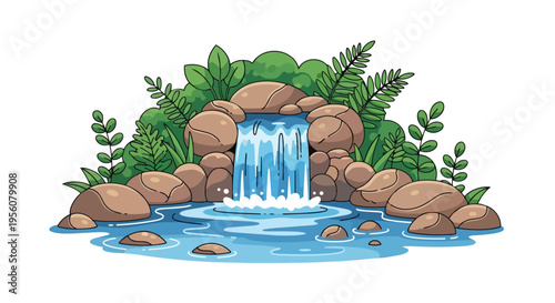 Lively cartoon waterfall cascading over earthy stones into a sparkling pool, embraced by rich green plants.