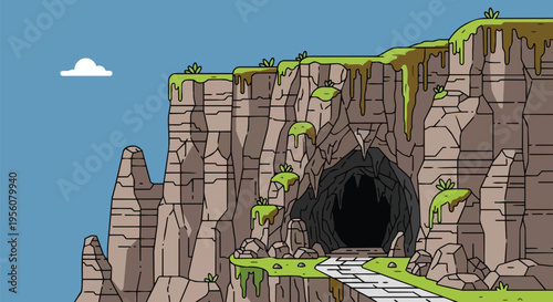 Explorers path leading to a mysterious cavern entrance within a rugged cliff face under a clear sky