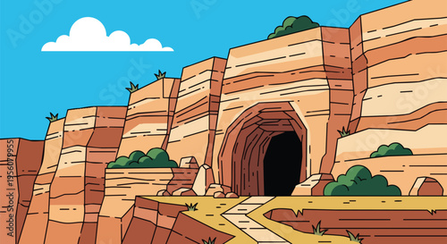 A vividly illustrated landscape showcases a grand canyon vista with impressive layered rock formations, featuring a shadowy cave entrance and a