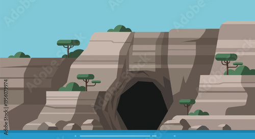 Stylized flat design illustration of a mysterious cave entrance within towering canyon cliffs overlooking tranquil blue water under a clear sky