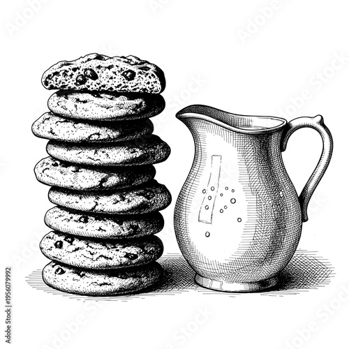 A Stack of Delicious Chocolate Chip Cookies Paired with a Classic Milk Pitcher Hand-drawn Illustration