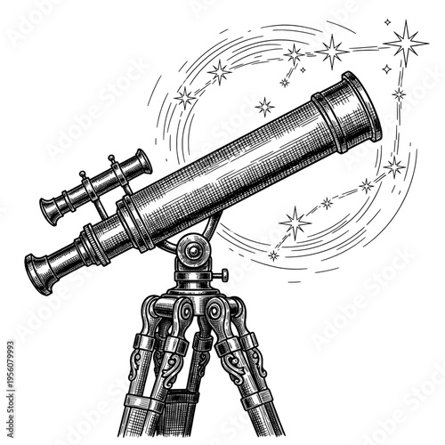 Detailed Vintage Engraving of an Astronomical Telescope for Stargazing and Scientific Exploration