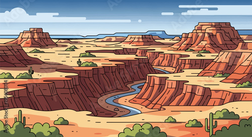 Vibrant cartoon desert canyon with mesas, a winding river, and sparse vegetation under a clear sky.