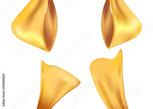 Four golden fortune cookie halves isolated on white background, symbolic of luck, opportunity, and surprises, chinese food