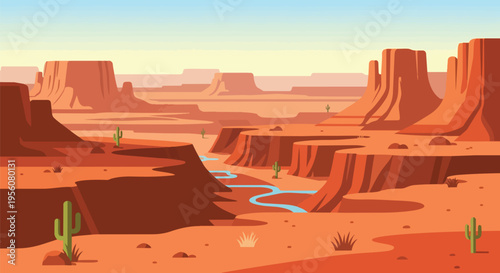 Flat style panoramic view of an expansive arid terrain featuring majestic red rock formations, a gentle meandering river, and resilient saguaro
