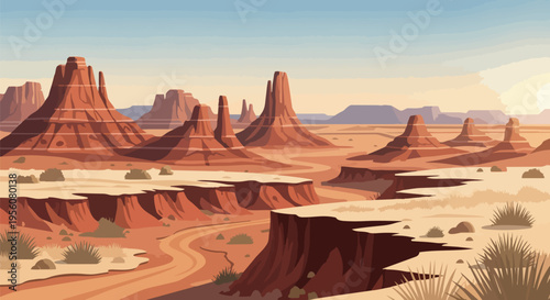 Expansive desert panorama featuring towering red rock formations under a wide, clear sky, illustrating an ancient arid landscape with rugged natural