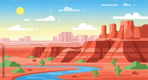 A captivating stylized desert landscape featuring grand red rock formations, a serene winding river, and resilient cacti under a vast, colorful sky