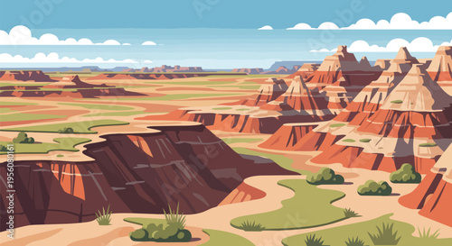 Vibrant vector illustration of an extensive desert landscape featuring dramatic red rock canyons, vast plateaus, and sparse flora under a bright,