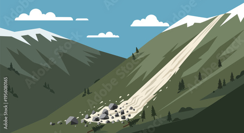 Dynamic Vector Illustration Depicting a Dramatic Rockslide Event in a Serene Mountain Landscape