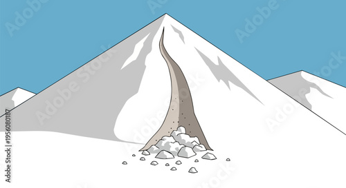 Depiction of a dangerous snow avalanche cascading down a majestic winter mountain peak, illustrating a powerful natural force