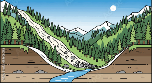 Illustrative scene of a dramatic mountain landslide, featuring massive rockfall and earth movement cascading through a dense evergreen forest,