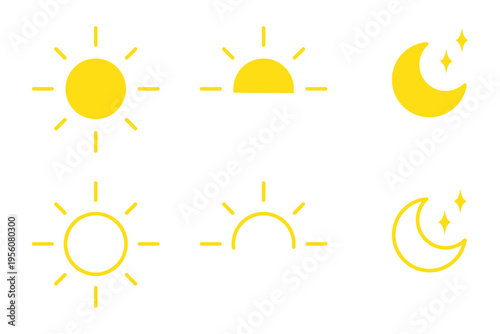 Sun and moon day night weather icon set in outline and filled black and yellow style vector illustration isolated on transparent background