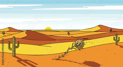 Arid desert landscape cartoon with sand dunes, saguaro cacti, and a tumbleweed under a morning sky. Sun rises over horizon creating long shadows on