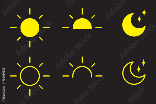 Sun and moon day night weather icon set in outline and filled black and yellow style vector illustration isolated on transparent background