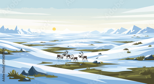 Artistic depiction of arctic wildlife: reindeer crossing vast snowy plains under a soft morning glow with distant icy peaks