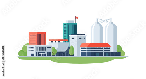 Modern Industrial Factory Building with Silos and Offices
