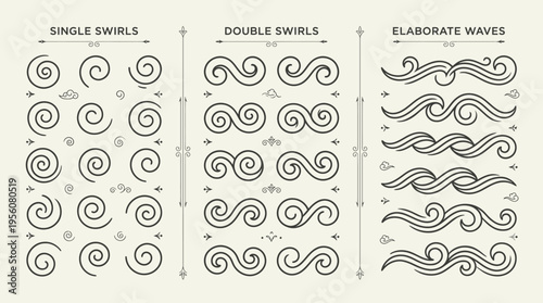 Elegant decorative swirls and flourishes arranged in vertical columns, showcasing ornamental line art, symmetry, curves, loops, and artistic embellishment.
