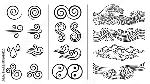 Elegant decorative swirls and flourishes arranged in vertical columns, showcasing ornamental line art, symmetry, curves, loops, and artistic embellishment.