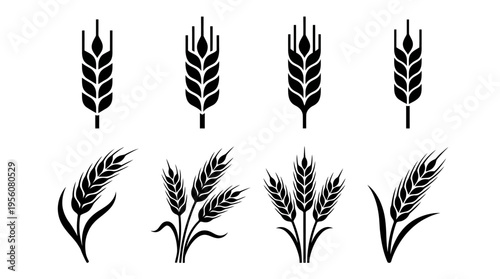 Stylized wheat ear silhouettes arranged in rows, showcasing agricultural design variations, rustic farming symbols, organic harvest branding, sustainability themes.
