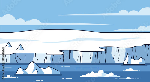 Stylized arctic vista showcasing immense ice shelves rising from deep blue waters, with icebergs floating calmly under the azure sky and clouds.