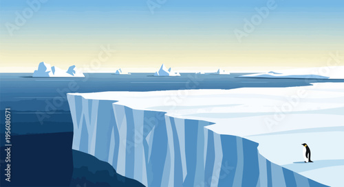 Solitary penguin contemplates the expansive icy seascape featuring towering cliffs and distant frozen structures