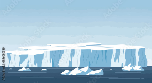 Expansive arctic glacial formation navigating the deep blue ocean under a tranquil sky representing polar ecosystems