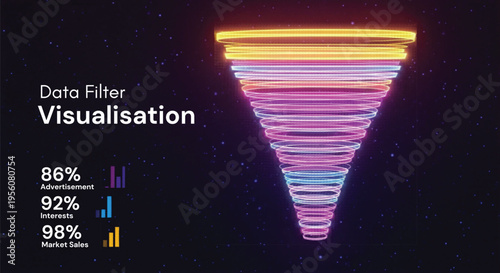 Dynamic 3D data filter visualization funnel vector with vibrant neon gradient rings, showcasing advertisement, insurance, and market sales percentages on a dark starry background