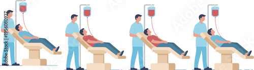 Medical flat vector illustration set of patients donating blood in hospital chairs with nurse assisting for donation awareness.