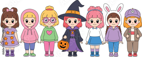 Cute kawaii girl character collection featuring various outfits including witch costume bunny ears hoodie and casual fashion for kids design.