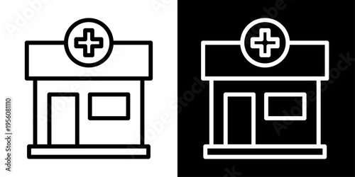 Pharmacy icon in outline style showing medical store with cross sign, representing medicine shop, healthcare services, prescriptions and drugstore access.
