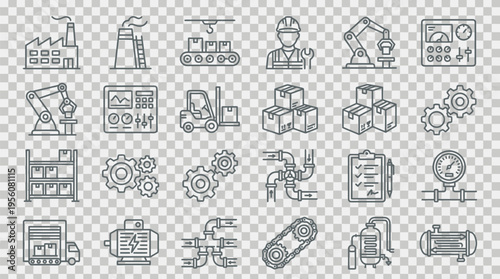 A comprehensive set of industrial and manufacturing line icons, depicting factories, machinery, automation, logistics, and workers in a modern production environment.