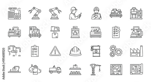 A comprehensive set of industrial and manufacturing line icons, including factory buildings, robotic arms, workers, machinery, safety equipment, and construction elements.