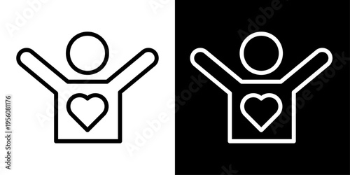 Self care icon with human figure and heart symbol in outline style representing mental health, wellness, self love, emotional balance and healthy lifestyle UI.