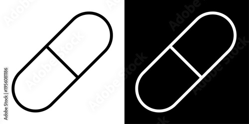 Prescription icon in outline style showing capsule pill, representing medication, pharmacy, treatment, healthcare services and medical dosage.