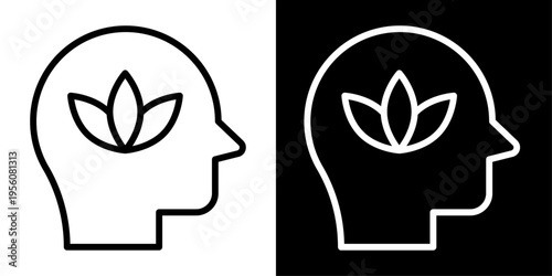 Stress relief icon in outline style showing human head with leaf, representing relaxation, mental calmness, mindfulness, therapy and healthy lifestyle.